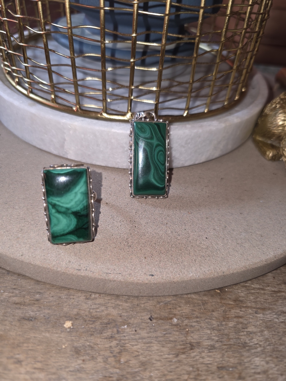 Green Malachite Rectangular Gemstone Ring and Necklace Set - Silver Tone